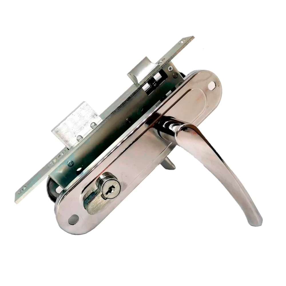 Фото Замок врезной цилиндровый с защёлкой в комплекте с ручкой ЗВ4-70/07 (хром лак), 4 кл.